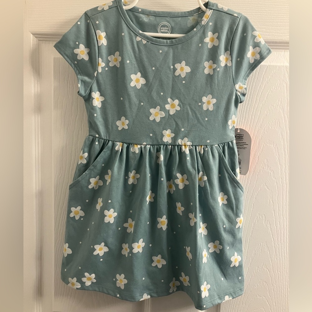 Deep Sea Foam Green Floral Girls Dress, Wonder Nation Size: 4-5, Pockets, NWT